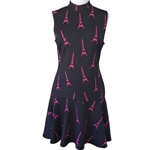 H&M NWT Eiffel Tower Scuba Filppy Hem Dress XS Black Pink Sleeveless Mock Neck
